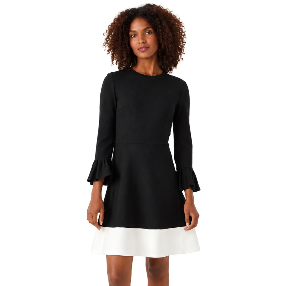 Kate Spade New York‎ Dress Small Black White Colorblock Ruffle Sleeve Fit Flare